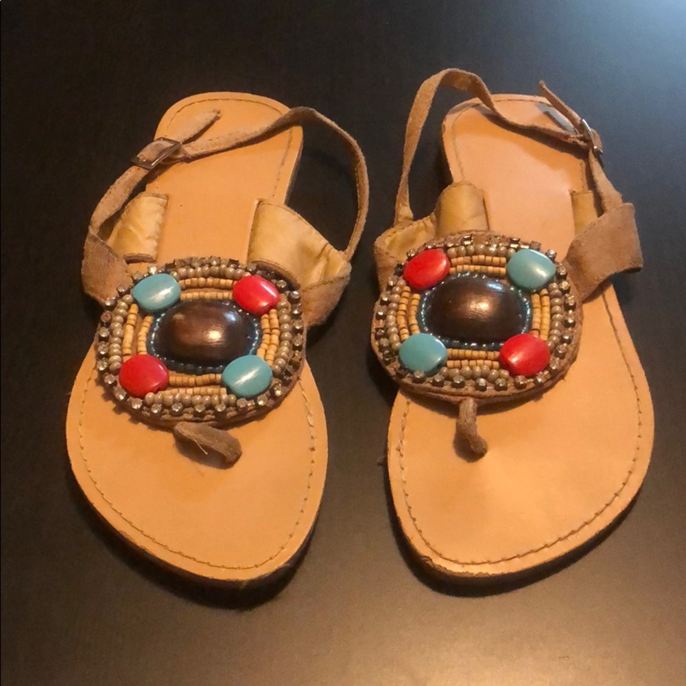 Tan Beaded Sandals with Back Strap, Size 6
